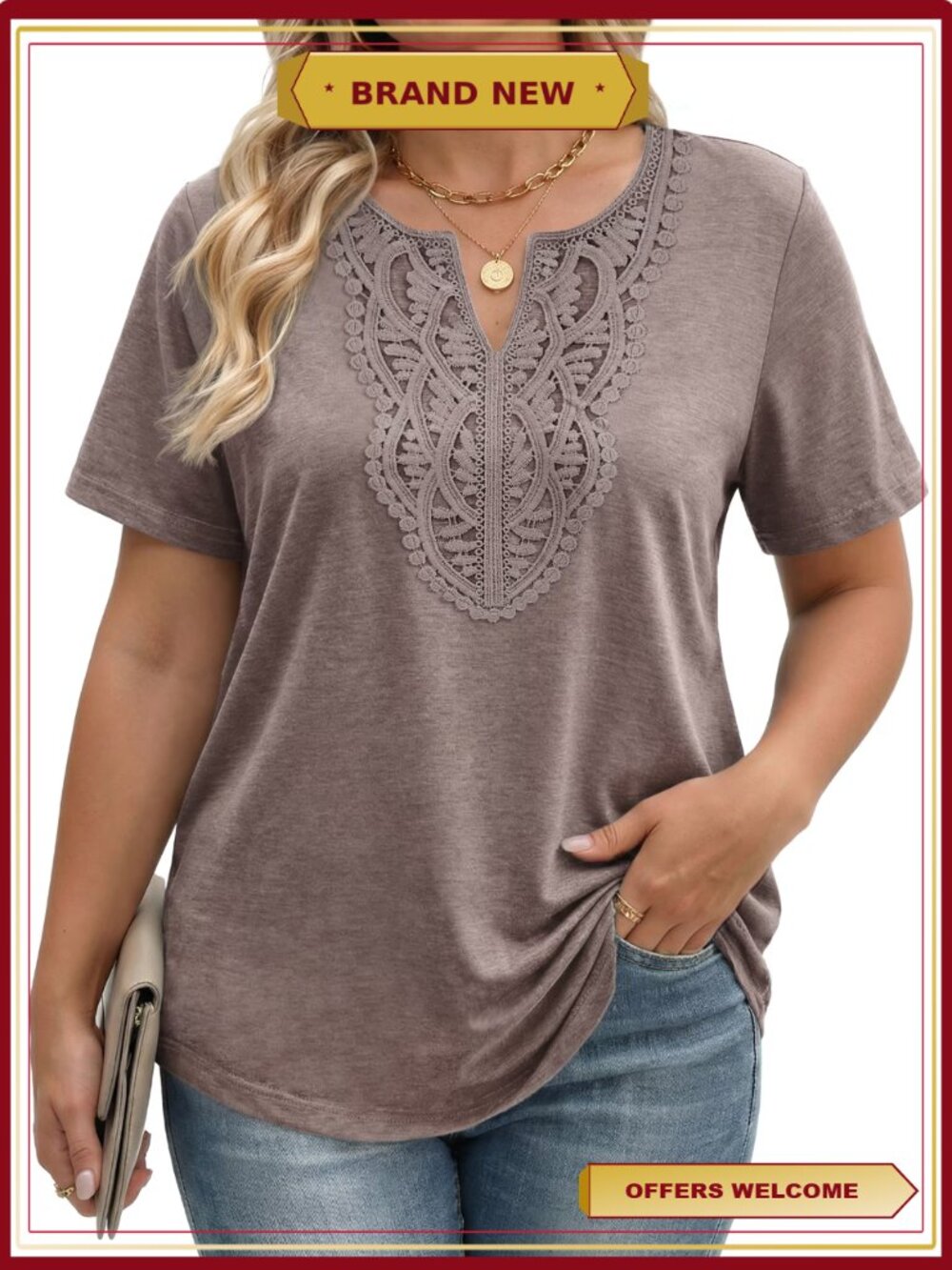 Lace Trim Plus Size V Neck Short Sleeve Blouse Flowy Tunic Shirt